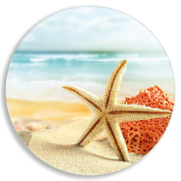 Starfish and Coral on Beach Circle Acrylic Glass Wall Art